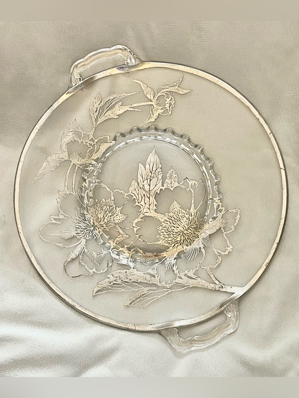 Vintage glass serving plate with handles & silver floral design est. 1930 - 1950